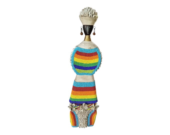 On Sale Rainbow Elegance: Handcrafted Namich Doll with Cowrie Shell Headdress Celebrating Childhood Symbolic Cultural Console decor