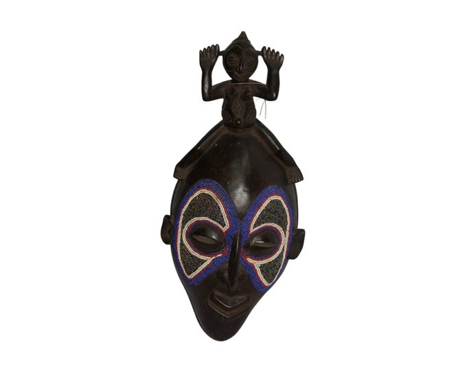African Wooden Lumba Mask Wood Antique Vintage African Wall Hanging Ceremonial Decor Blue Beaded Mask Home Decor