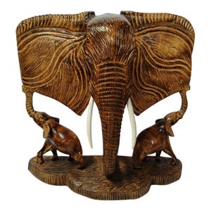 ON SALE!!Hand-Carved Wooden Elephant Sculpture with Two Smaller Elephants - African Art Decor-Table top console top Art grandpa gift