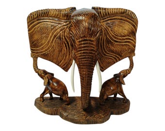 ON SALE!!Hand-Carved Wooden Elephant Sculpture with Two Smaller Elephants - African Art Decor-Table top console top Art grandpa gift