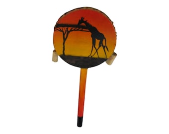 Hand-Painted African Tic Tac Drum: Sunset Giraffe Motif, Traditional Decor