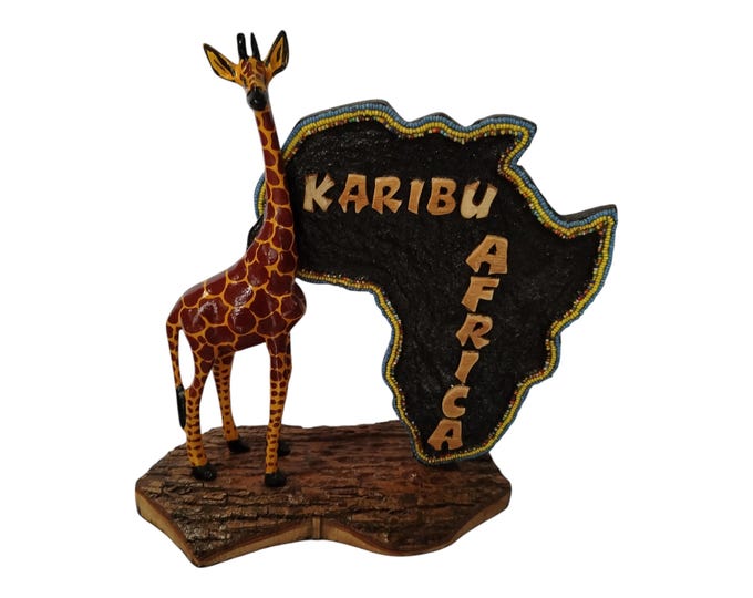 A Hand-Carved Wooden "Karibu Africa" Sign with Giraffe and African Map - Cultural & Safari Decor - Unique Home Accessory