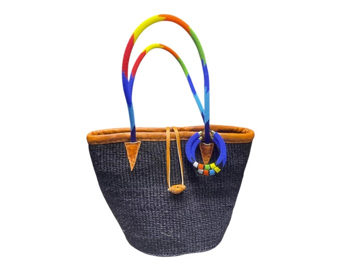 Handwoven African Sisal Tote Bag, Black Woven Kiondo Purse with Rainbow Beaded Handles, Boho Summer Shoulder Bag, Gift for Herb