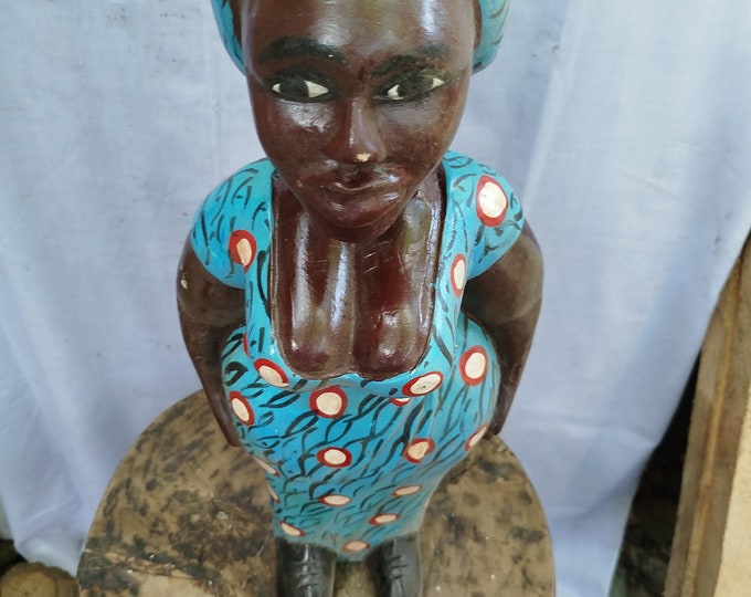 Vibrant Mama Africa African Woman Figurine,Blue African Figure colonial West africa Safari Shelf console top Art grandpa gift wood