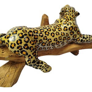 Hand-Painted Wooden Leopard Figurine Lying on Tree Logs - African Wildlife Art Decor-Table top console top Art