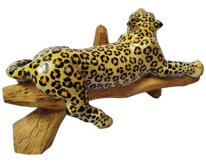 Hand-Painted Wooden Leopard Figurine Lying on Tree Logs - African Wildlife Art Decor-Table top console top Art