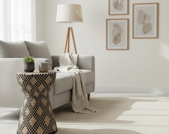 Handwoven Rattan Stool / Side Table | Black & Natural Checkerboard Pattern | African Ashanti Style Boho Woven Furniture