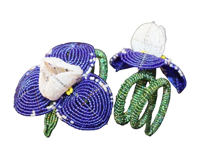 On Sale !!!Set of 6 Handmade Beaded Iris Napkin Rings Set, Boho Floral Table Decor Accent Gift