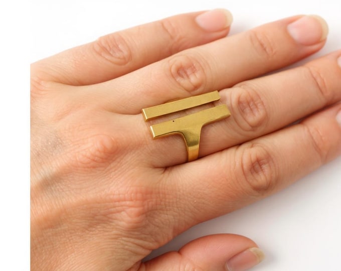 Modern Brass Parallel Bar Ring Statement Geometric Jewelry Handmade Boho Chic Minimalist Design Unique Summer Outdoor Birthday Wedding Gift