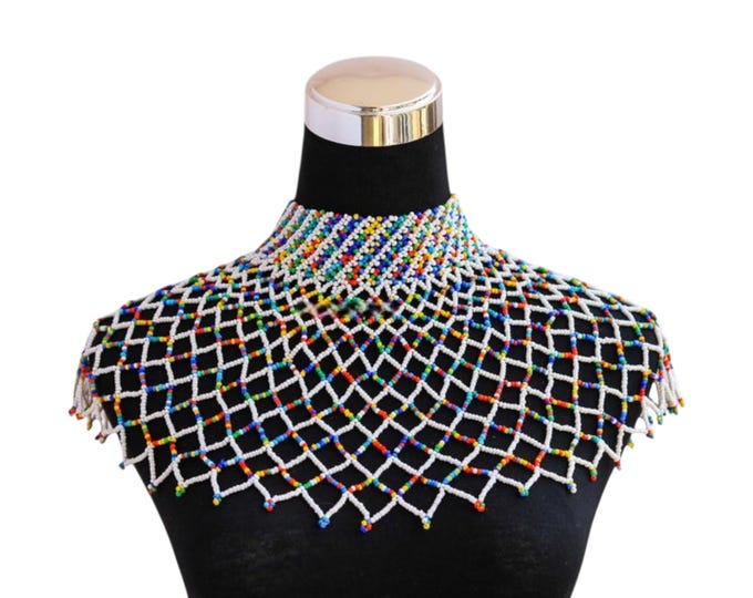 African Rainbow Net Beaded Shoulder Collar Necklace, Handcrafted White & Multi-Color Capelet Choker Necklace