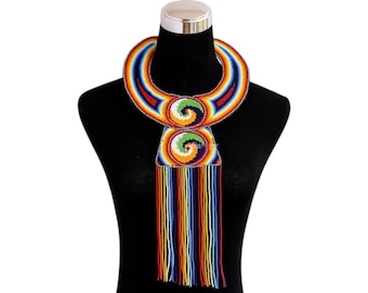 African Rainbow Spiral Beaded Choker, Statement Collar with Fringe, Handcrafted Geometric Swirl Tribal Necklace