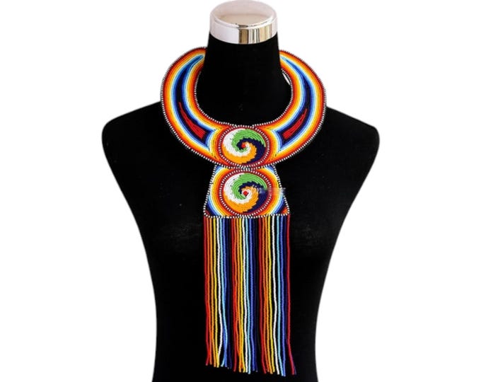 African Rainbow Spiral Beaded Choker, Statement Collar with Fringe, Handcrafted Geometric Swirl Tribal Necklace