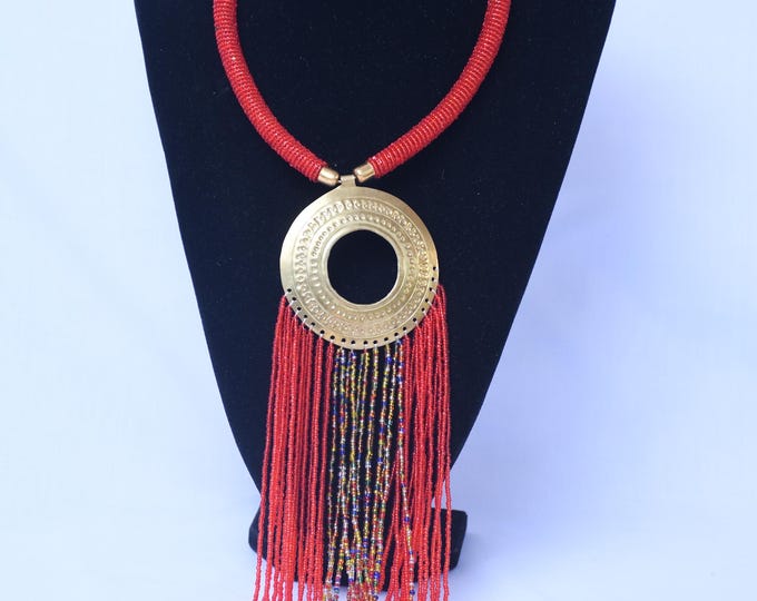 On SALE African  Bold Red Beaded Necklace with Large Brass Ring Pendant & Tassels | Stylish | Gift for Her | Masai Mara