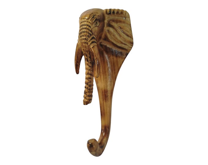 Hand-Carved Wooden Elephant Head Wall Hook: Safari Home Decor & Organizer