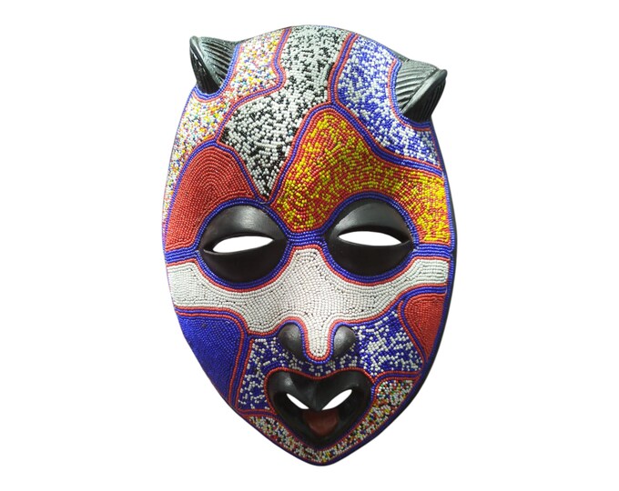 ON SALE!!Intricate West African Beaded Mask with Black & White Geometric Patterns wall Decor Display Wall Hanging Ceremonial