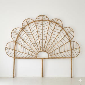 May include: A natural rattan headboard in a fan shape. The headboard has a series of rounded, petal-like shapes along the top edge, with a woven pattern resembling a leaf design. It is supported by two vertical posts. The headboard is approximately 150 cm wide.