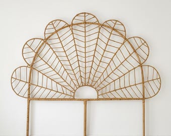 Malawi Rattan Scalloped Headboard w/ Legs | Handwoven Natural Fiber Queen/Full Bed Frame | Boho Coastal Organic Furniture & Wicker Decor