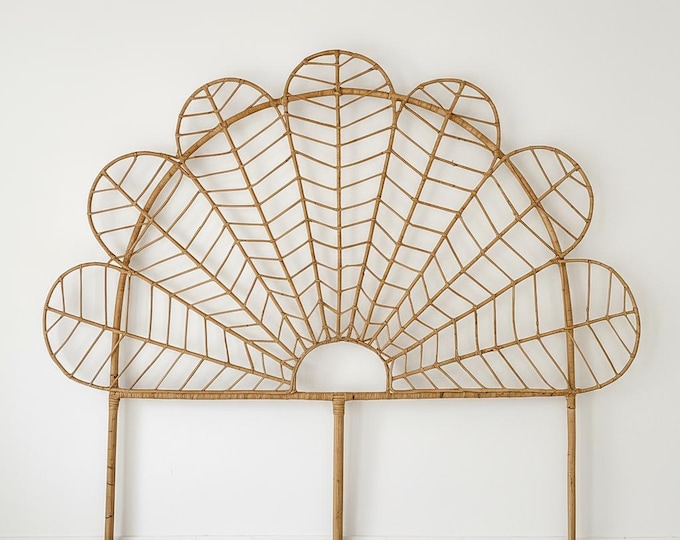 Malawi Rattan Scalloped Headboard w/ Legs | Handwoven Natural Fiber Queen/Full Bed Frame | Boho Coastal Organic Furniture & Wicker Decor