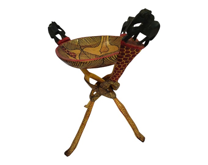 Hand-Carved and Painted Wooden Bowl Stand with Elephant, Giraffe, and Zebra Motifs - African Art Decor