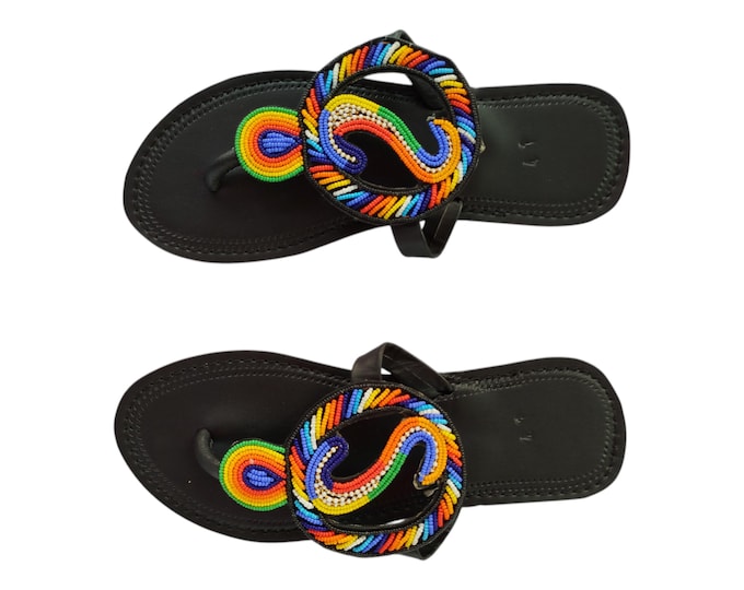 Rainbow Swirl Sandals Women Summer Beach Handmade African Wedding Birthday Gift Unique Beaded Flip Flops Colorful Circle Finest Beads Art