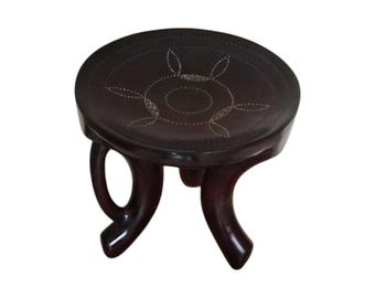 Hand-Carved African Wooden Accent Stool, Dark Wood Tribal Inlay Decor, Rustic Small Side Table, Three-Legged Ethnic Furniture Gift