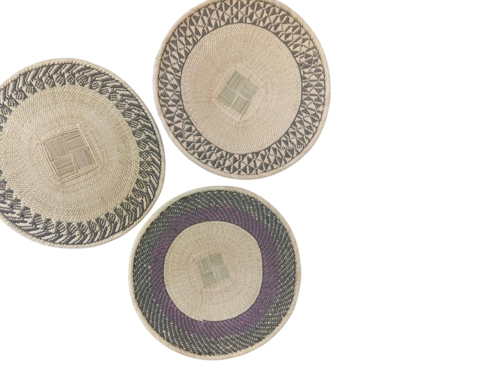 Set of 3 Woven Wall Baskets Decor, Black & Purple Boho Wall Art, African Basket Wall Hanging, Handwoven Fiber Wall Plates Gallery Trio