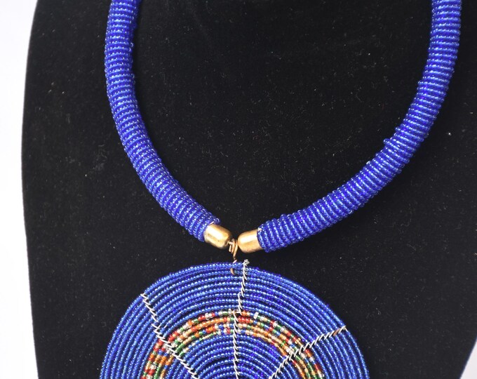 On SALE African Striking Blue Beaded Necklace with Multi-Colored Disc Pendant - Handcrafted African Art| Stylish | Gift for Her | Masai Mara
