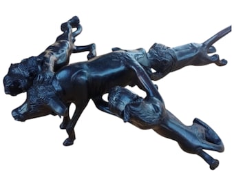 Hand-Carved Wooden Sculpture: African Lions Hunting Buffalo