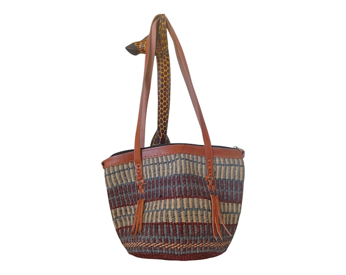 Handwoven African Kiondo Tote Bag with Leather Straps, Maroon & Grey Sisal Market Purse, Boho Earthy Shoulder Bag, Sustainable Straw Tote