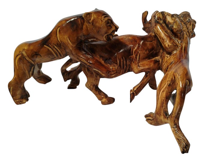 Dynamic Hand-Carved Jacaranda Wood Lions Hunting Buffalo Sculpture - African Wildlife Art- African Art Decor-Table top console top Art