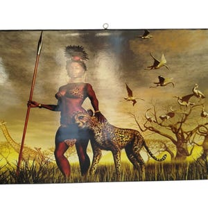 Hand-Painted African Wall Art:  African Warrior Woman & Cheetah - Savannah Sunset Art - Unique decor