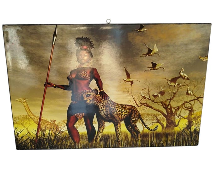 Hand-Painted African Wall Art:  African Warrior Woman & Cheetah - Savannah Sunset Art - Unique decor