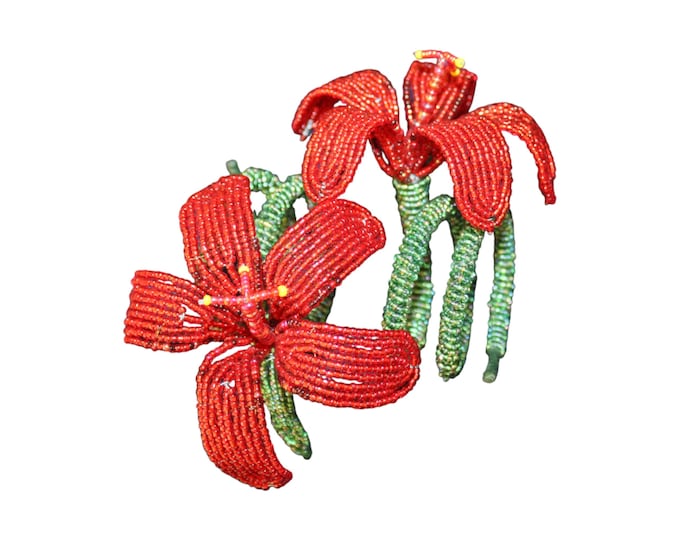 Handmade Beaded Red Hibiscus Napkin Rings Set Of 6pcs, African Wire Seed Bead Flower Holders, Boho Festive Table Decor Gift