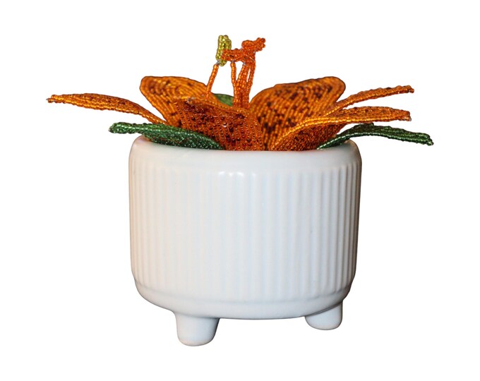 Handmade Beaded Flower in Pot, Orange Lily African Wire Seed Bead Flower Sculpture, Table Decor, Boho Shelf Accent Gift