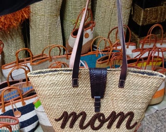 Handcrafted African Tote Bag, Woven Straw Beach Basket with Leather Straps & Embroidered Mom Cursive, Mother’s Day Gift