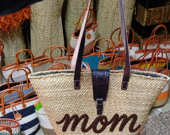 Handcrafted African Tote Bag, Woven Straw Beach Basket with Leather Straps & Embroidered Mom Cursive, Mother’s Day Gift