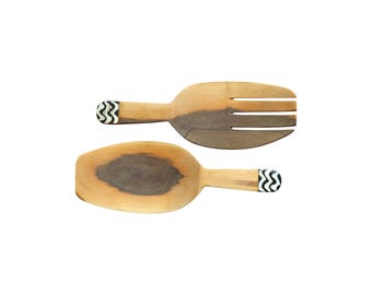 Hand-Carved African Wood Salad Servers with Bone Inlay