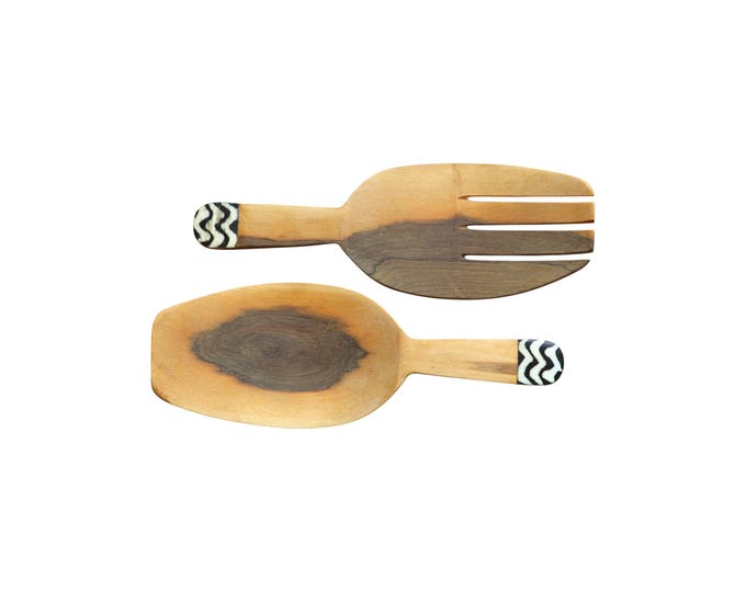 Hand-Carved African Wood Salad Servers with Bone Inlay