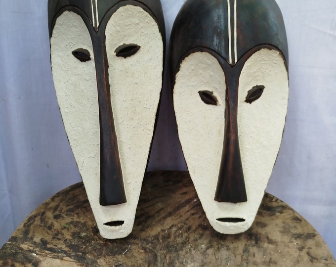 Pair of Enigmatic Fang Masks - Hand-Carved Wood, Gabon Art gift wood Wall Hanging Home Decor