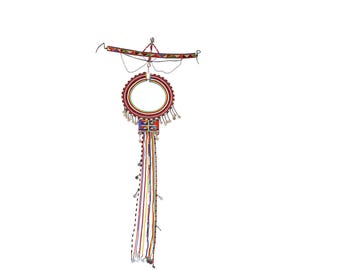 African Beaded Statement Necklace | Tribal Circular Pendant & Long Tassel Fringe | Maasai Ceremonial Collar