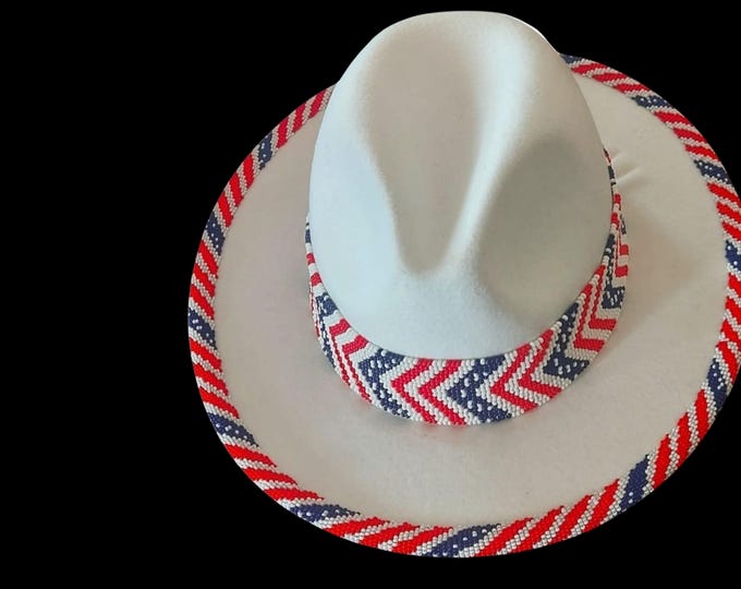 African Beaded Fedora Hat, White Felt Wide Brim Boho Hat, Red White Blue Beaded Band Festival Cap, Handmade Vibrant Maasai Style Fedora