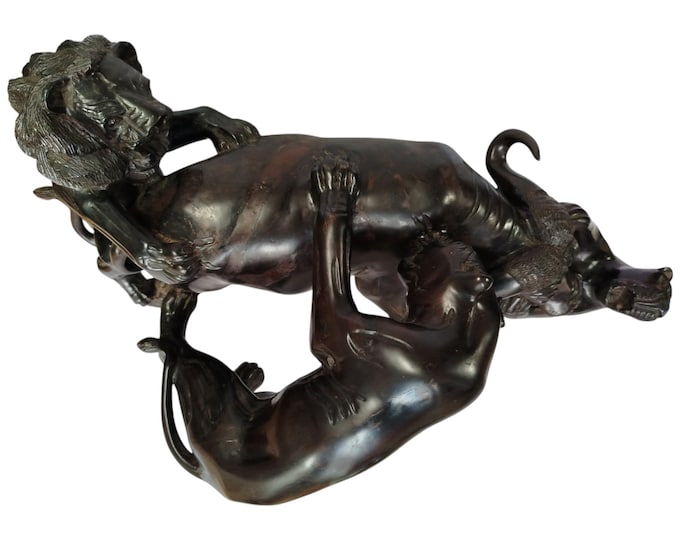 Dynamic Hand-Carved Ebony Wood Three Lions Hunting Buffalo Sculpture - African Wildlife Art-Table top console top Art