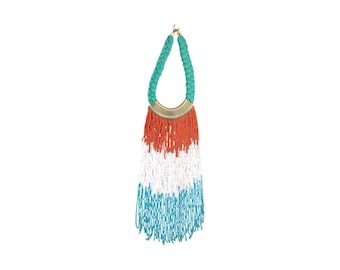 ON SALE! Beaded Fringe Statement Necklace, Orange White Teal Color Block Tribal Choker, Braided Green Collar with Gold Accents, Unique Gift