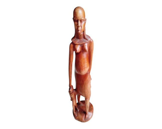 African Hand Carved Wood Statue Women with Children Gathering Water Maasai Mother Art Decor Figurine Unique Home Accent