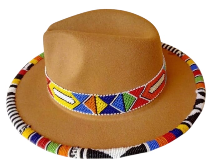 African Beaded Fedora Hat, Camel Tan Felt Wide Brim Boho Hat, Colorful Beaded Band Festival Cap, Handmade Maasai Style Fedora