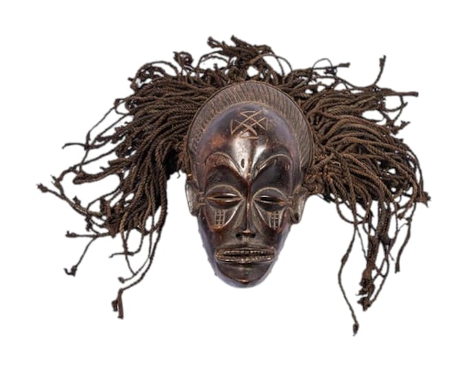 Hand Carved Chokwe Pwo Mask: African Tribal Art with Dreadlocks