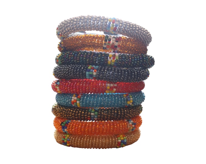 A Set of 10 African Beaded Roll Bracelets | Stackable Maasai Bangles | Multi-Color Accent Ethnic Jewelry