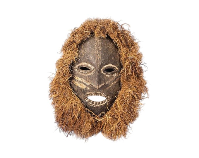 Authentic Songola Tribal Mask with Raffia Hair, Hand Carved African Wooden Mask, Congo DRC  Collectible, Rustic Bohemian Wall Decor
