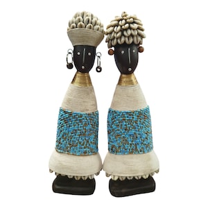 On Sale Handcrafted African Namich Doll with Blue & Gold Beadwork and Cowrie Shells (Set of 2) Celebrating Childhood Symbolic Console decor