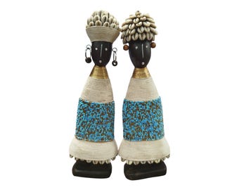 On Sale Handcrafted African Namich Doll with Blue & Gold Beadwork and Cowrie Shells (Set of 2) Celebrating Childhood Symbolic Console decor